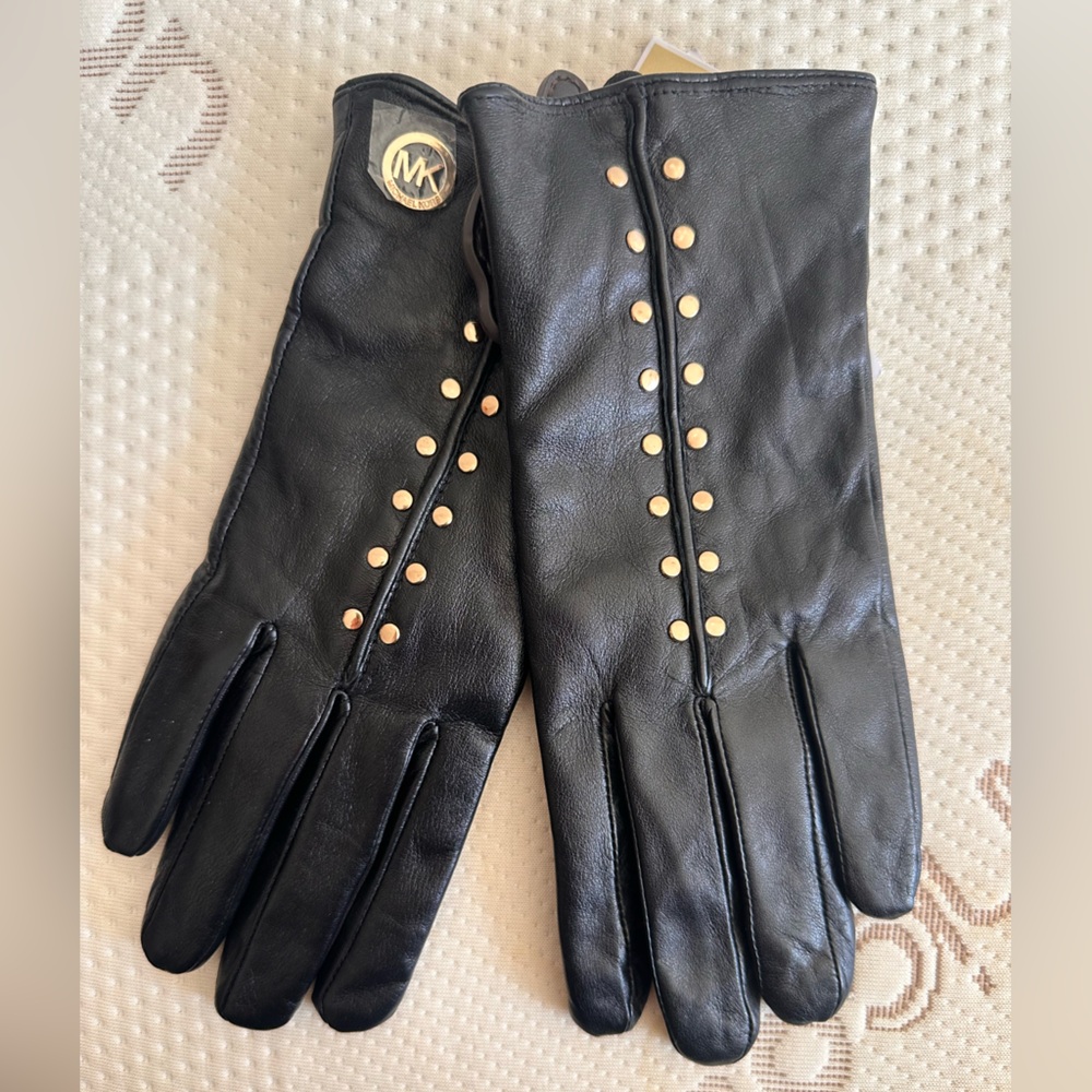 NWT Michael Kors Black Leather Gloves with Gold Studs